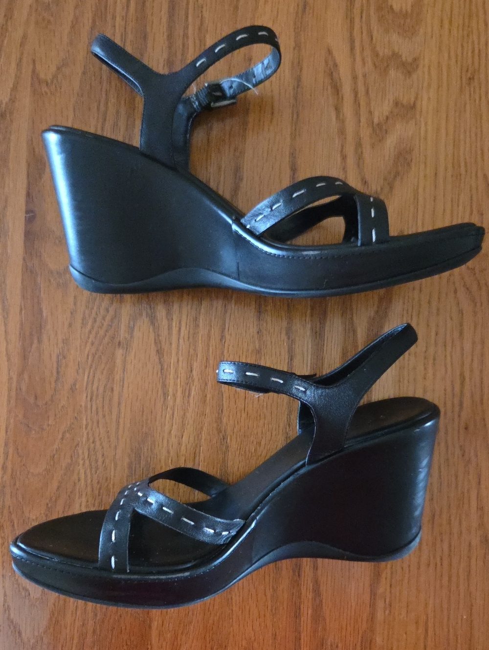 Apostrophe Black Wedge Sandals with Contrast Stitching